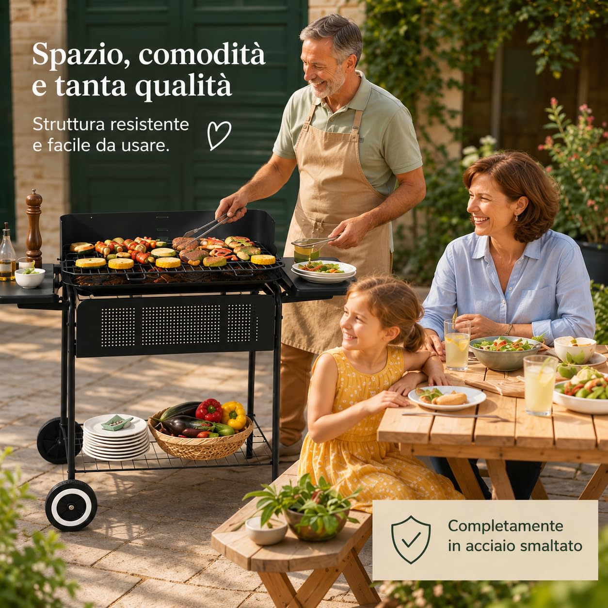 Barbecue a Carbonella in Acciaio con Ruote 90x45x82 cm | Barbecue in acciaio smaltato con griglia, ruote e doppi ripiani porta utensili per grigliate all'aperto.