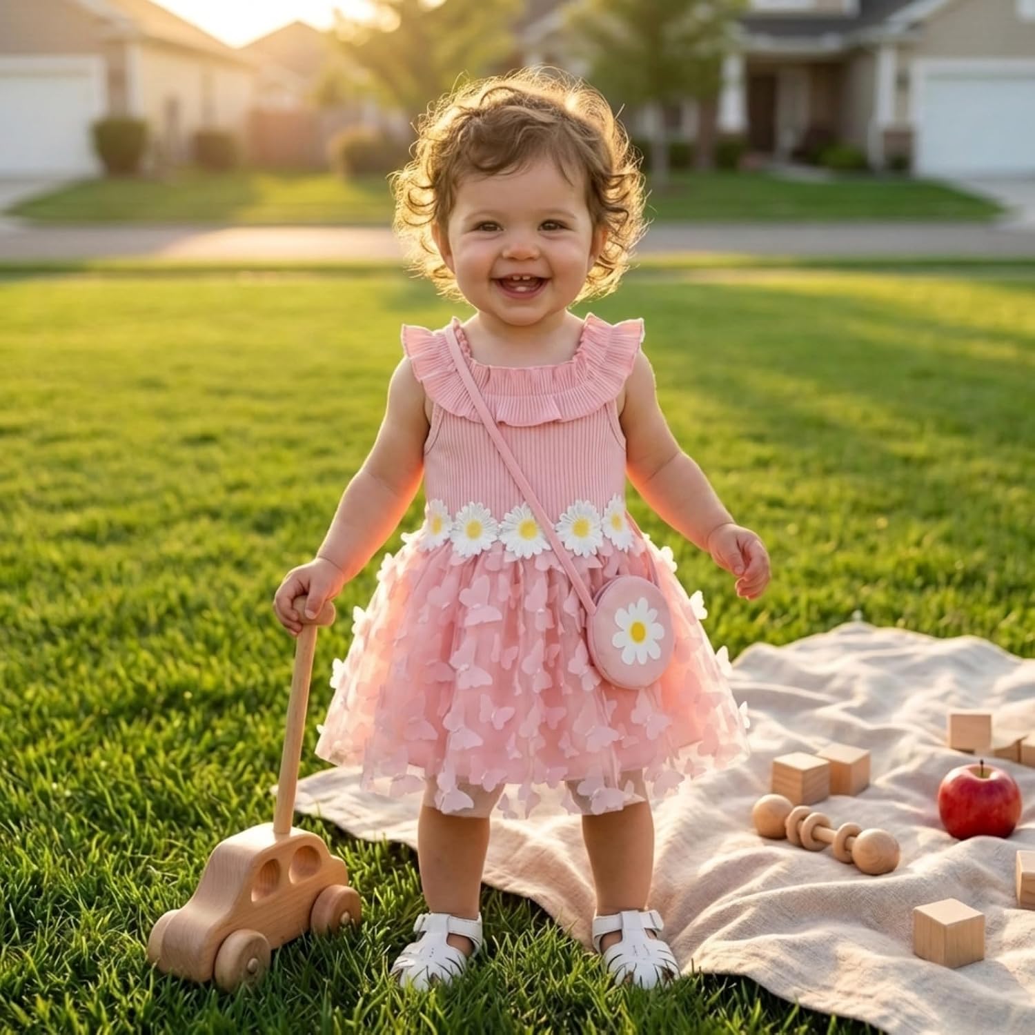 Toddler Girl Daisy Dress Set 3Pcs Ribbed Knit Tulle Sundress with Bag & Headband