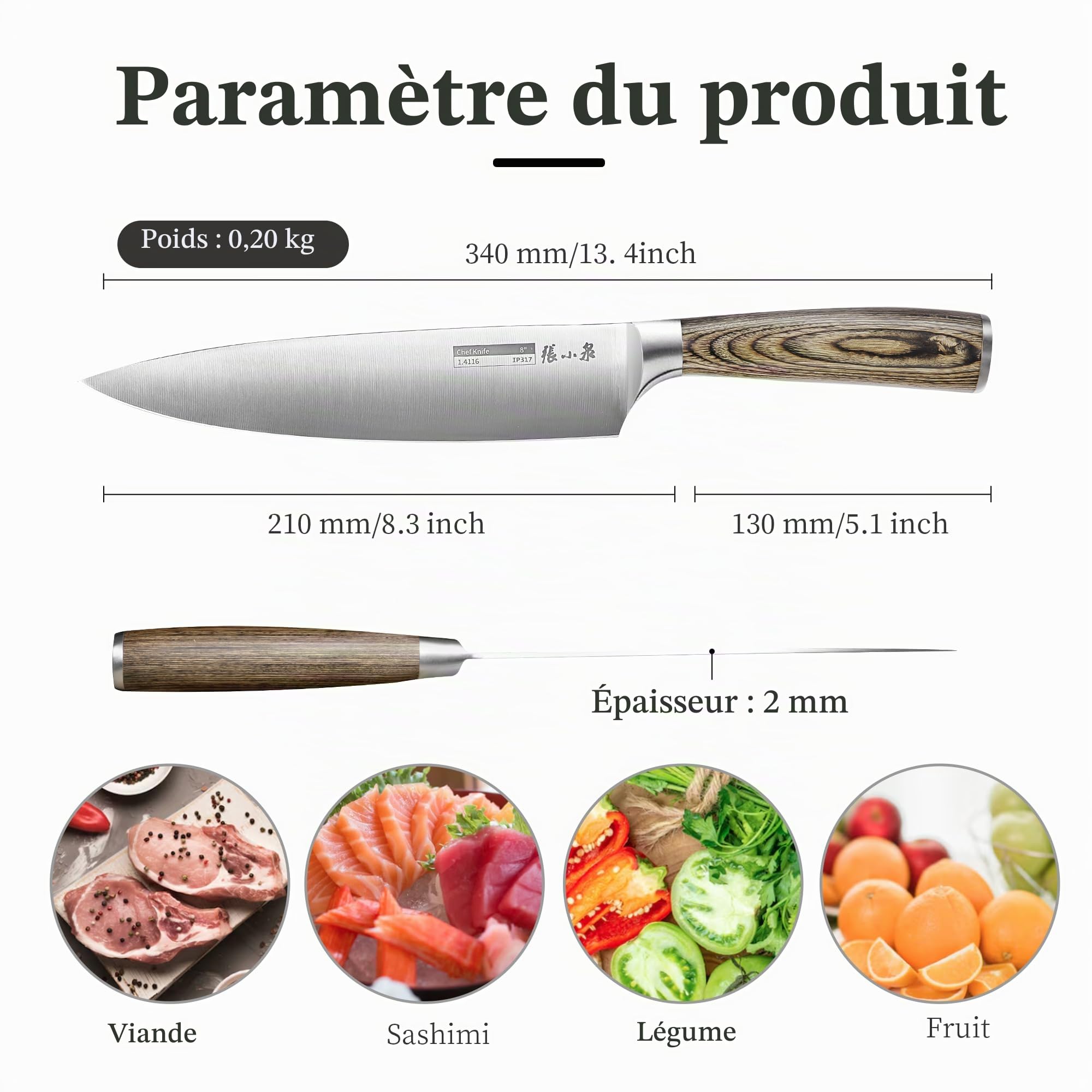 ZHANG XIAO QUAN Couteau de Chef 21 cm, Tranchant Pour Répondre Facilement aux Besoins de la Cuisine, Poignée Ergonomique en bois de Couleur Confortable et pas Facile à Glisser