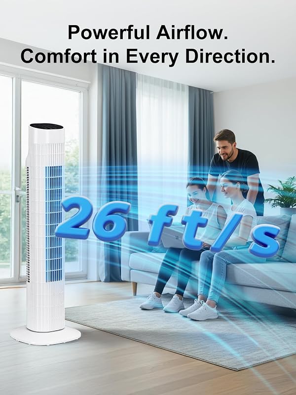 Uthfy Tower Fan for Bedroom, 120° Oscillating Standing Fan with Quiet Sleep Mode, 3 Speeds & 3 Modes, 7.5H Timer, Remote/Touch Control, Bladeless Floor Fans for Living Room, Office, White by Uthfy - Used condition - Image 3