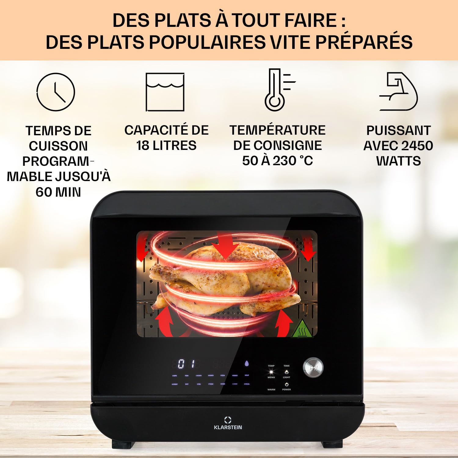 Klarstein Friteuse Sans Huile avec Fonction Maintien au Chaud, Friteuse Air Chaud Air Fryer XL 2450W, Mini Electrique Sans Huile, Airfryer 18L à Chauffage Rapide, Minuterie, 10 Programmes