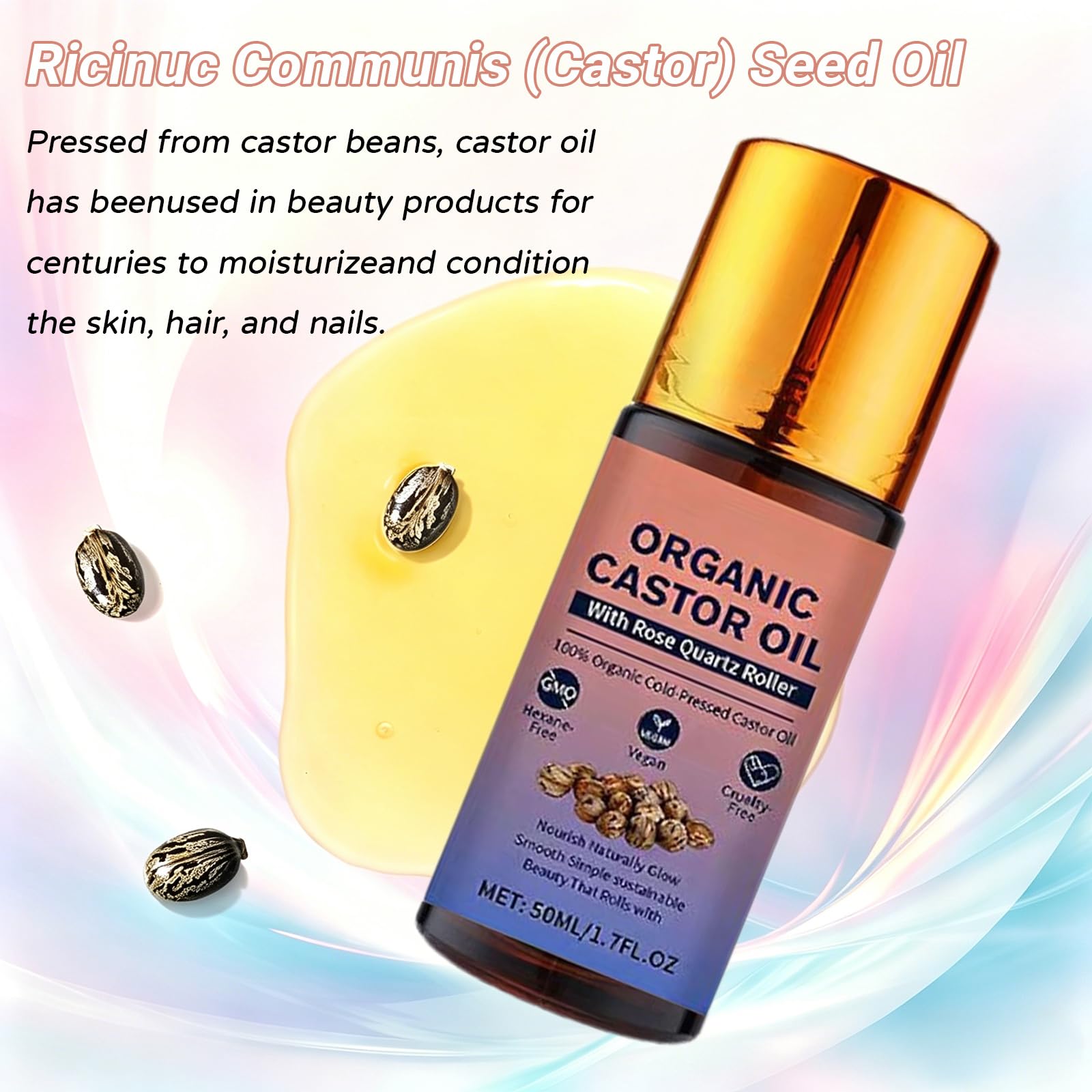 DESIYUE Organic Castor Oil Roll On with Rose Quartz Roller, 100% Castor Oil Organic Cold Pressed, Castor Oil Rose Quartz Roller Ball for Face and Body, Hair, Eyebrows, Moisturize Skin (1PC) - 4