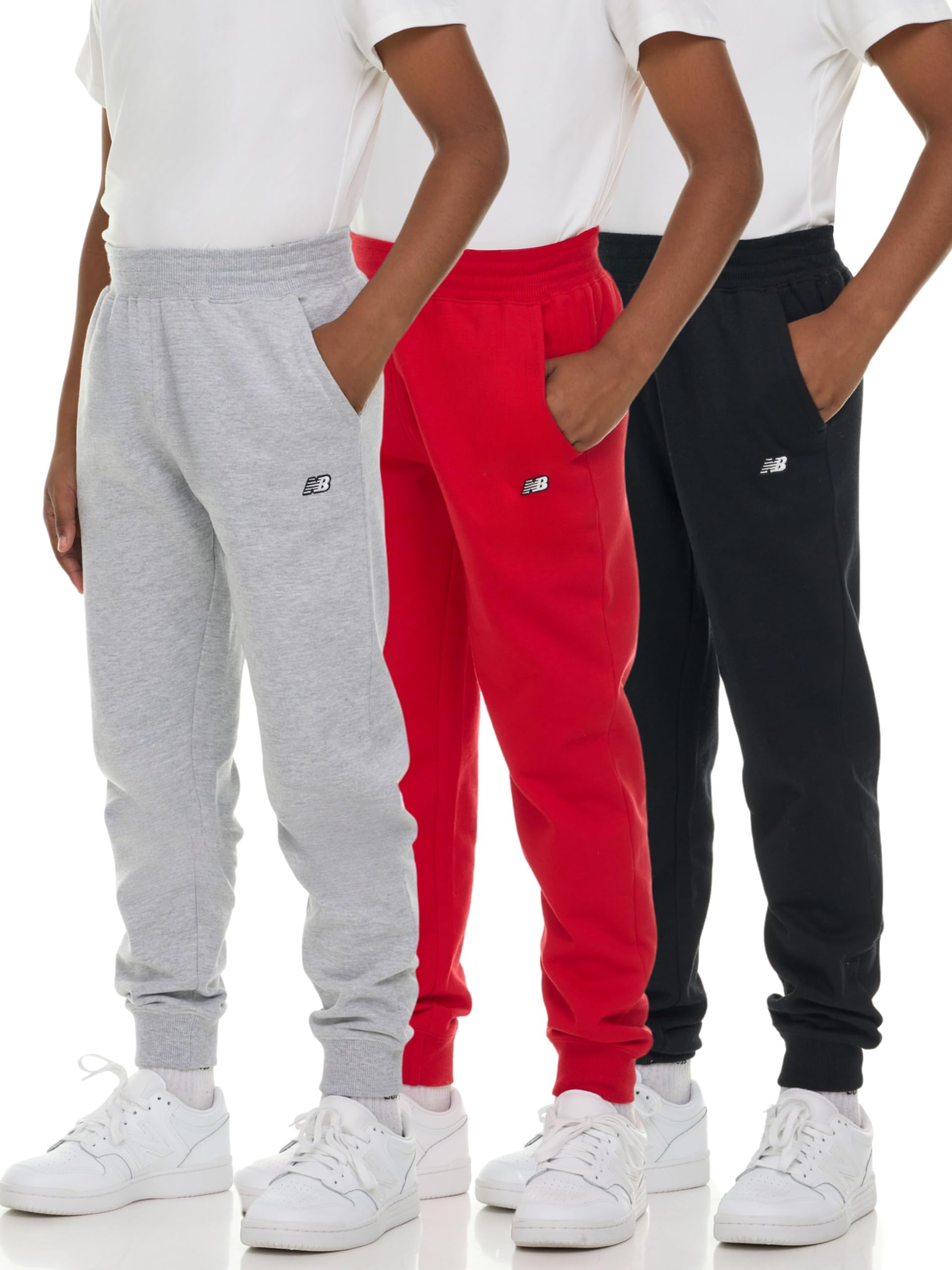 new balance boys fleece jogger 3 pack – kids soft cotton blend fleece sweatpants with pockets, athletic fit, sizes 4-20