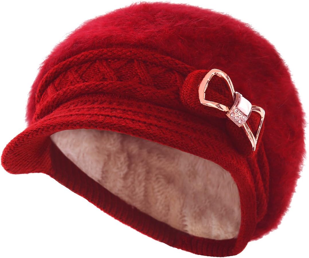 Surblue Lady Knit Newsboy Cap Beret Hats s Crystal Bow Angora Plush Winter Beanie Crochet