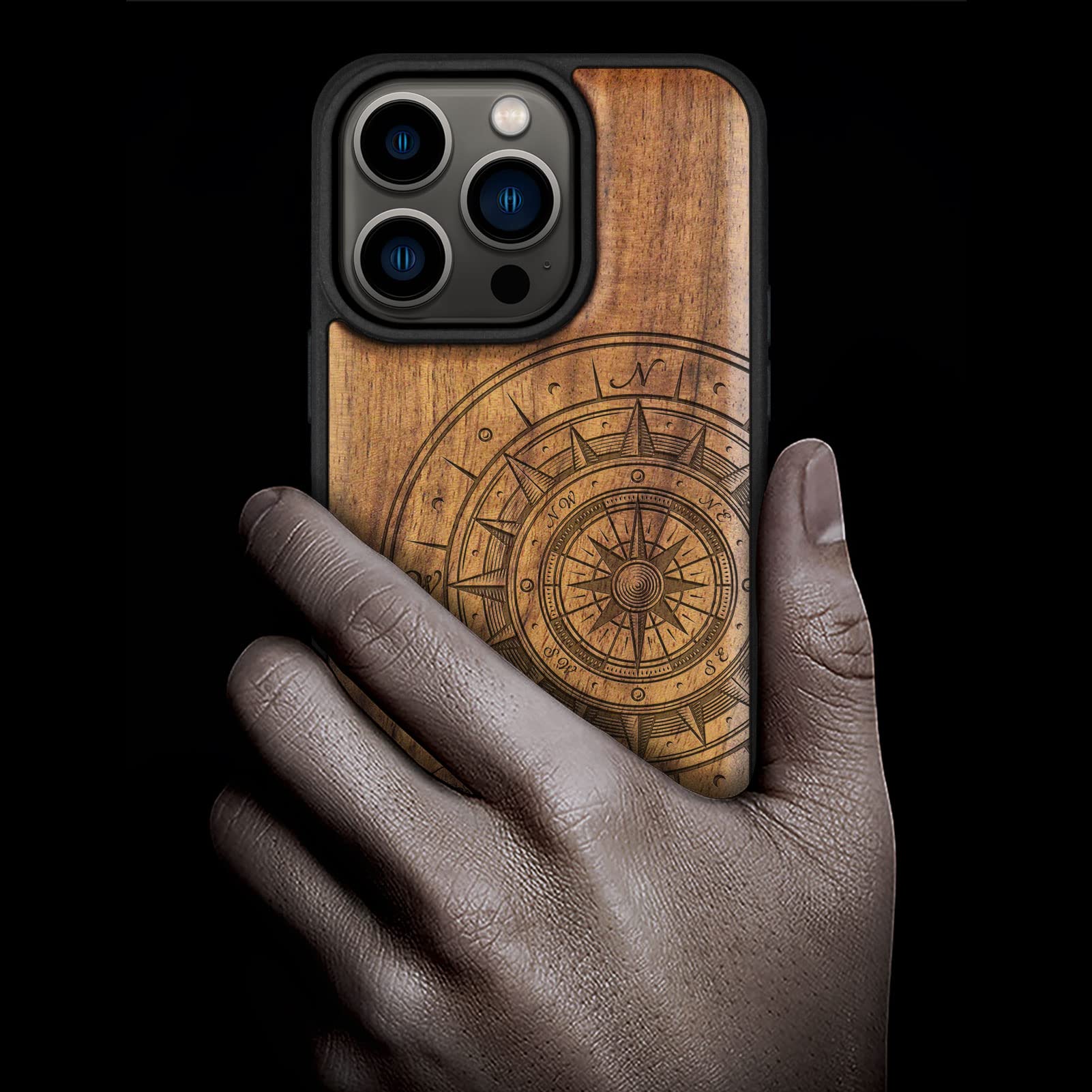 Carveit Custodia per iPhone 14 Pro Cover avec magnetico Cover Legno Unique [Noce Legno] Ricarica Compatibile con 14 Pro MagSafe Paraurti Robusto TPU (La bussola al largo delle grandi onde)