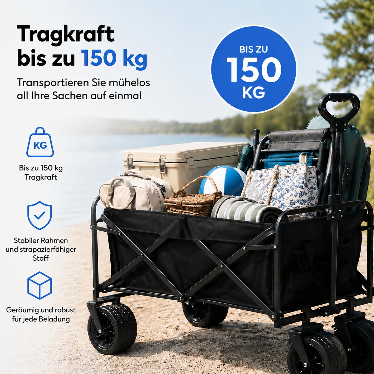 Silvergear® XL Bollerwagen Faltbar 150 kg | Strandwagen | 100×50×59 cm | Schwarz