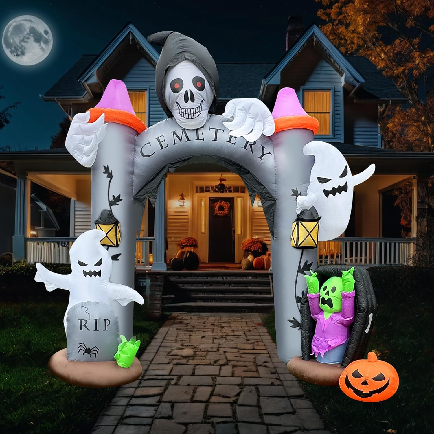 12FT Halloween Inflatable Giant Cemetery Archway with Grim Reaper, Pumpkin and Ghost Spooky Scary Party Blow Up Arch Outdoor Decoration with LED Lights for Graveyard, Garden, Outside Lawn NOT TESTED \nINCOMPLETE