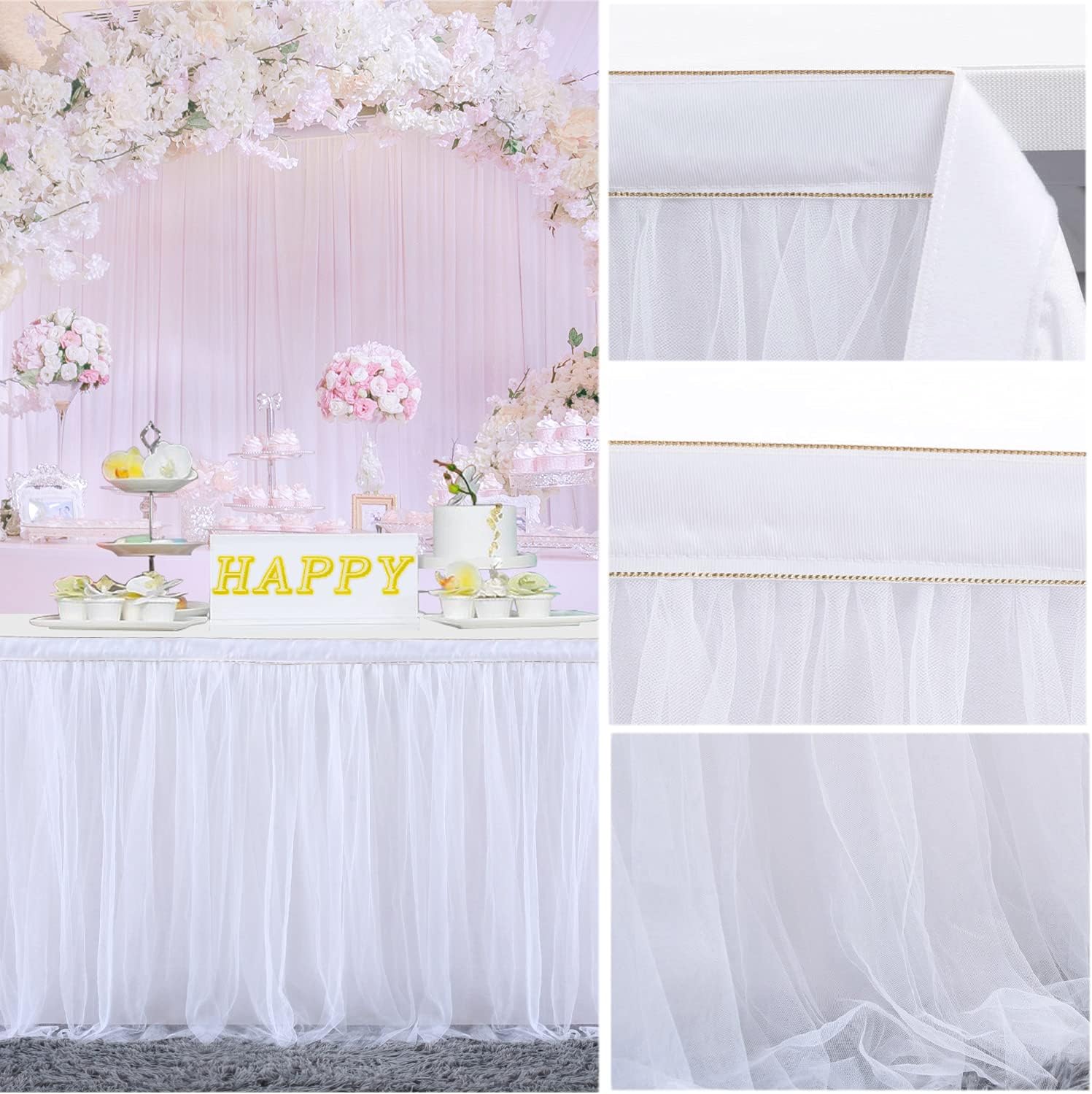 Black Friday Sale 2022 White Table Skirt Baby Shower 6ft Tulle Table Skirting with Gold Brim Round and Rectangle Tutu Table Decoration Table Cloth for Birthday Party,Gender Reveal Wedding(L6(ft), H30in)