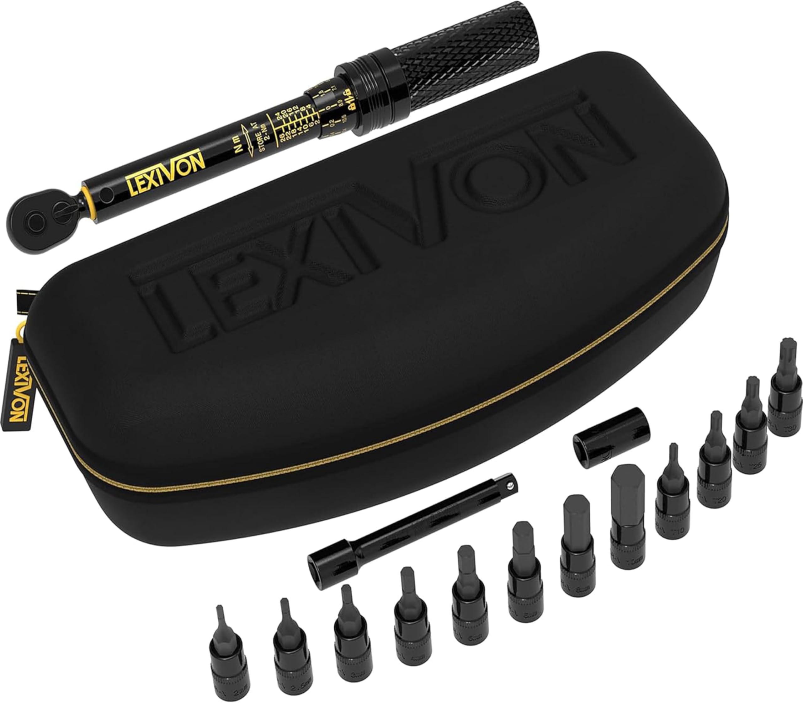 LEXIVON Cle Dynamometrique Velo 1/4, 2-26Nm CW (±4%) CCW (±6%), Clé Dynamométrique Moto, Embouts Torx, Barre d'Extension, Adaptateur Douille Inclus - Clef Dynamometrique (LX-191)