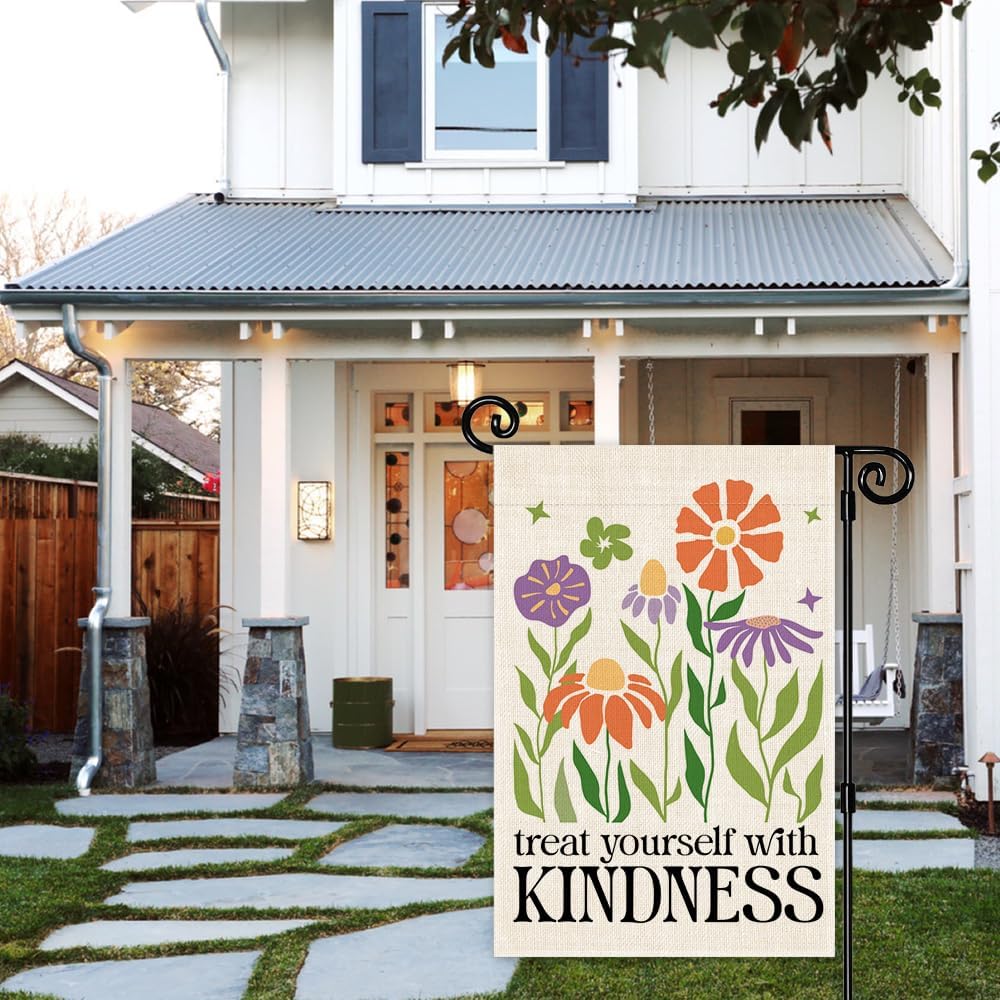 Treat Yourself With Kindness Retro Floral Garden Flag, Double Sided Yard Outdoor Farmhouse Lawn Porch Decor Flag, Inspirational Quote Flag, Self Love Gifts for Women Mom Daughter Sister BFF - Image 5
