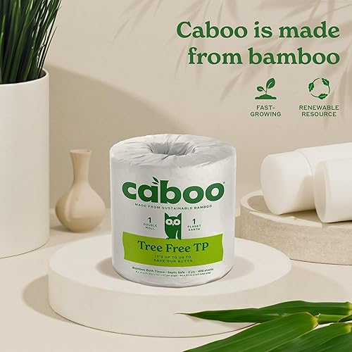Miniatura 4 de Caboo Papel higiénico sin árboles, tejido de baño seguro séptico, hojas suaves de 2 capas, 300 hojas por rollo, 16 rollos dobles