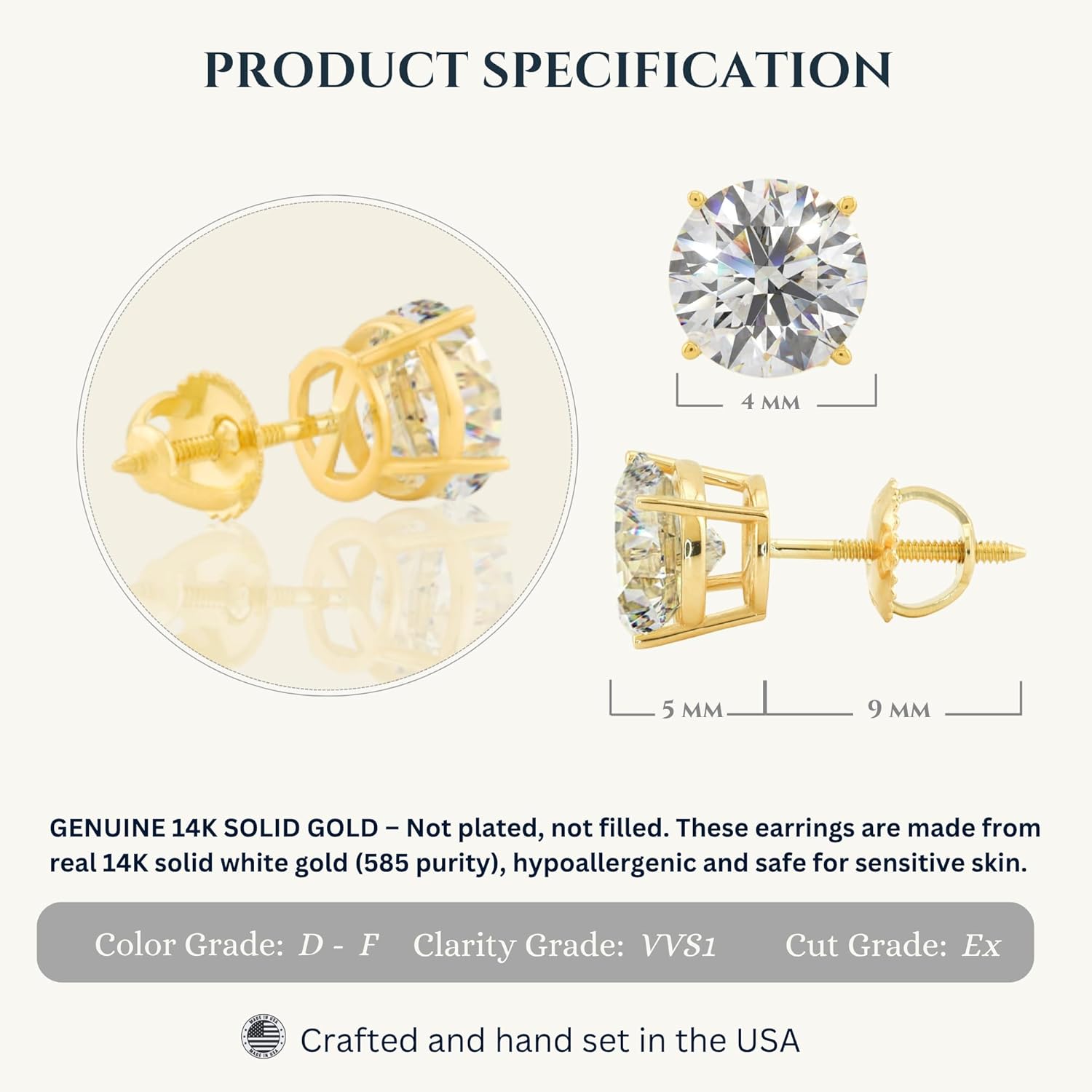 14K Solid Gold Lab Grown Moissanite Round 4-Prong Stud Earrings for Women | White & Yellow Gold | Push Back & Screw Back | Hypoallergenic | Made in USA | Gift for Her | By Adora Fine Jewelry