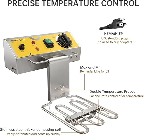Miniatura 4 de Freidora grande con cesta y tapa, 10 L (10.6 cuartos de galón), freidora eléctrica 304SS para el hogar y comercial, freidoras de encimera,