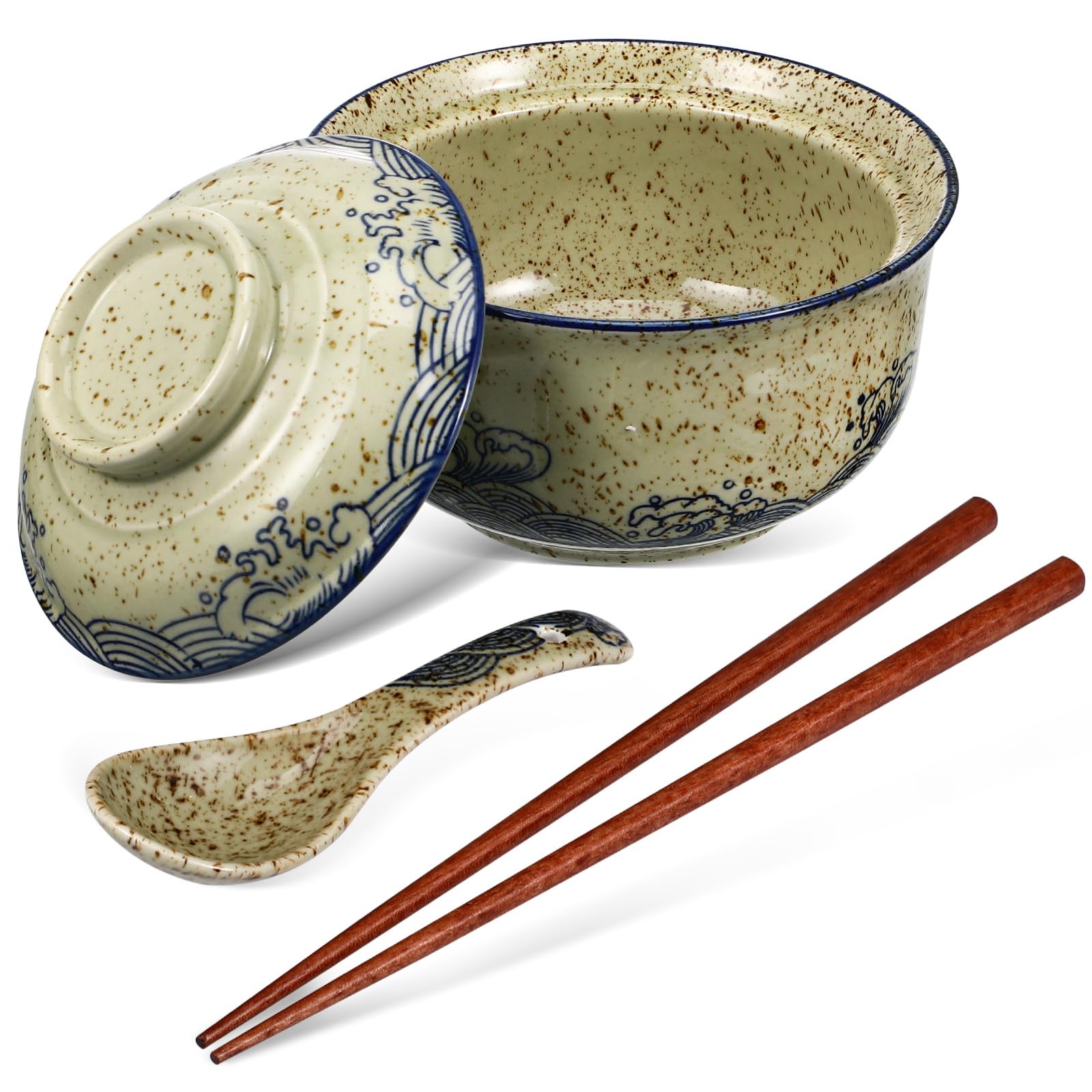 Kichvoe Ceramic Ramen Noodle Bowl: Retro Ramen Bowl Set 800ml with Lid, Chopsticks, Spoon - Traditional Asian Serving Bowl for Udon, Pho, Pasta, Salad