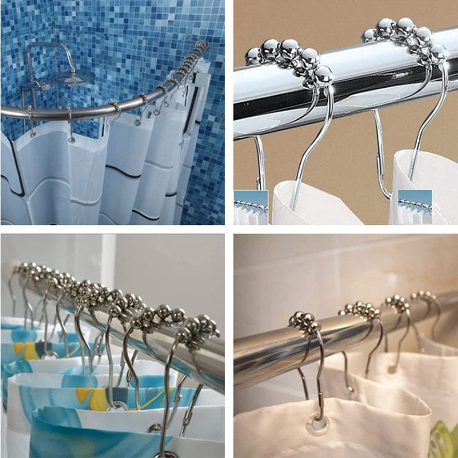 KRUPANIDHI 12 Pcs Pack Bath Curtain Rollerball Shower Curtain Rings Hooks 5 Roller Polished Satin Nickel Ball Curtain Accessories 4