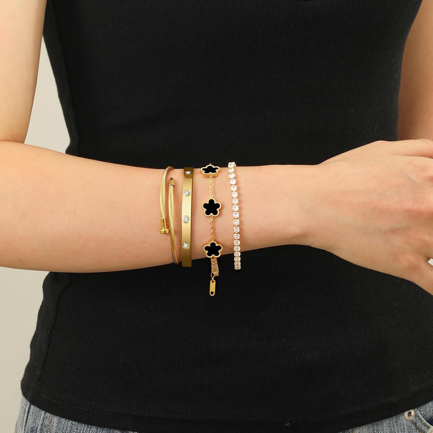 18K Gold Plated Womens Stackable Floral Bracelets Set,Twisted Cable Bangle,Trendy Jewelry,Waterproof adjustable bracelet,Christmas Birthday Gifts for Girlfriend or Mother. - Image 2