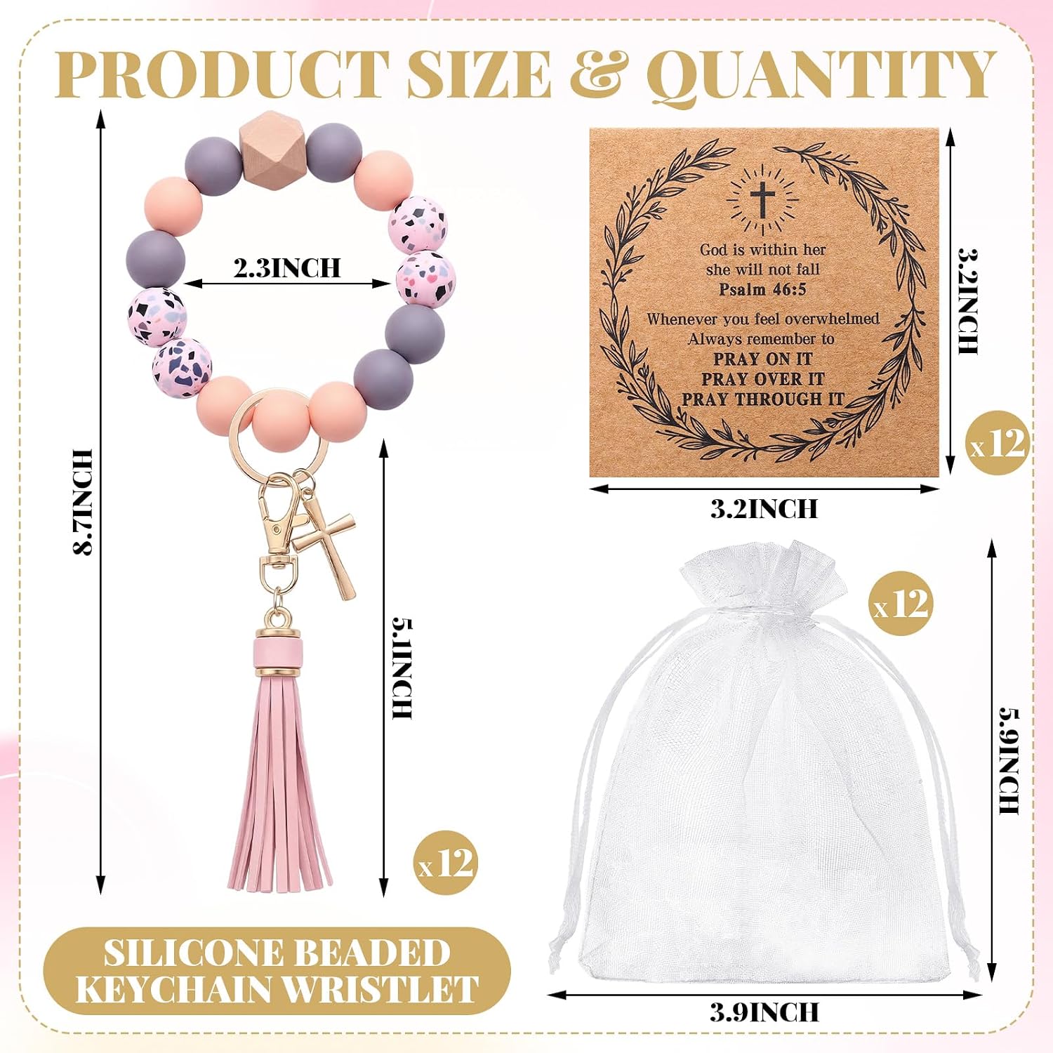 Sureio 12 Pack Christian Silicone Beaded Wristlet Keychain with Cross & Tassel Pendant, Faith Keychain Bracelet Bulk for Women Stretchy Cute Bead Wristlet Holder for Keys Easter Baptism Church Gifts
