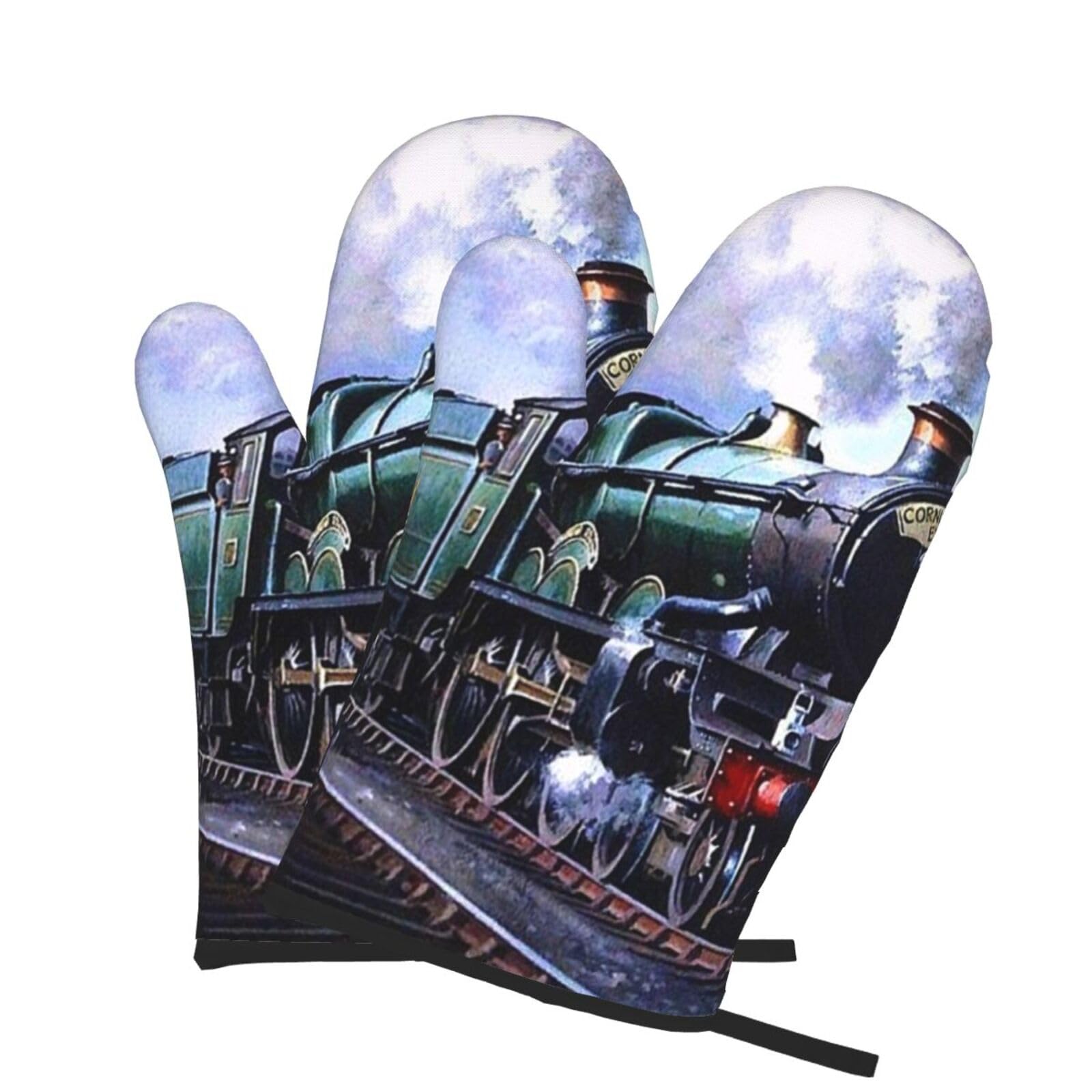 Oven Mitts Set of 2 Pcs, Steam Locomotive Train Prints Heat Resistant Kitchen Gloves for Cooking Baking Grilling