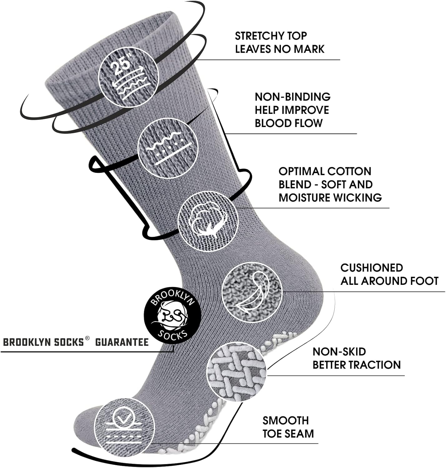Brooklyn Socks Non-Skid Cotton Diabetic Neuropathy Crew Socks, Non-Binding Traction Control - 3 Pairs, Grey, Size: 13-16 - Image 4