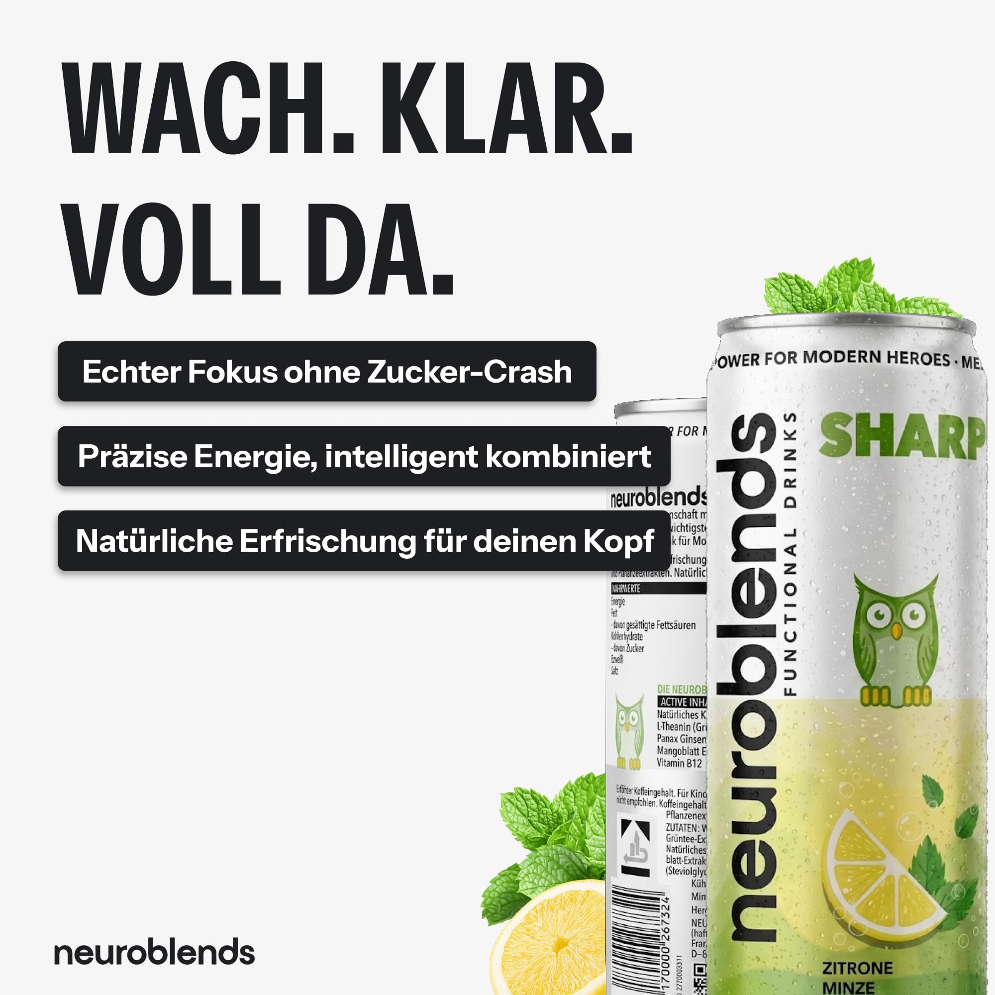 Neuroblends SHARP | Energy Drink Zero | Natürliches Koffein | 24x330ml | Energy Drink Fokus Booster | Alternative zu Kaffee | zuckerfrei & kalorienfrei