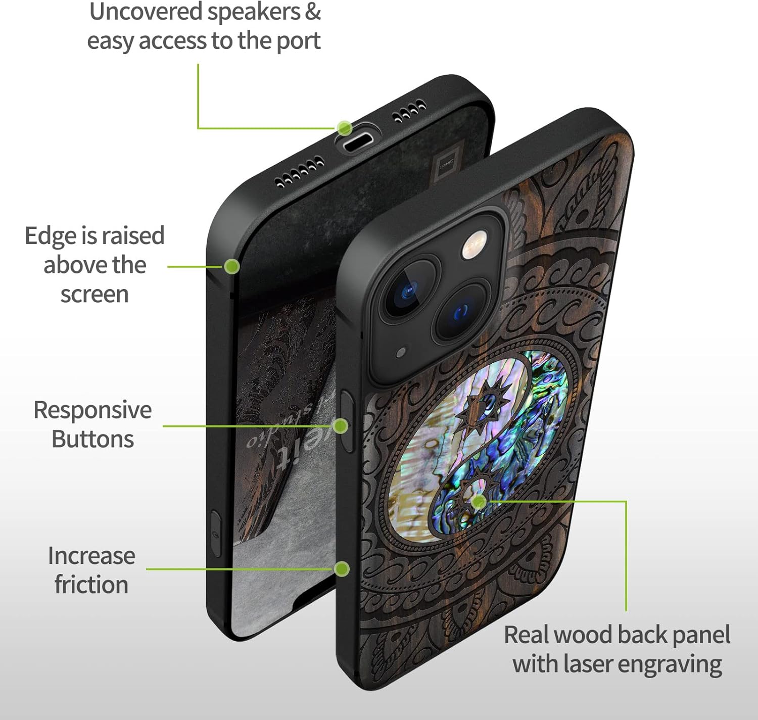 Carveit Designer Wooden Protective Case for iPhone 13 Magnetic Cover [Wood Engraving & Shell Inlay] Compatible with iPhone 13 MagSafe (Yin Yang Paisley-Blackwood)