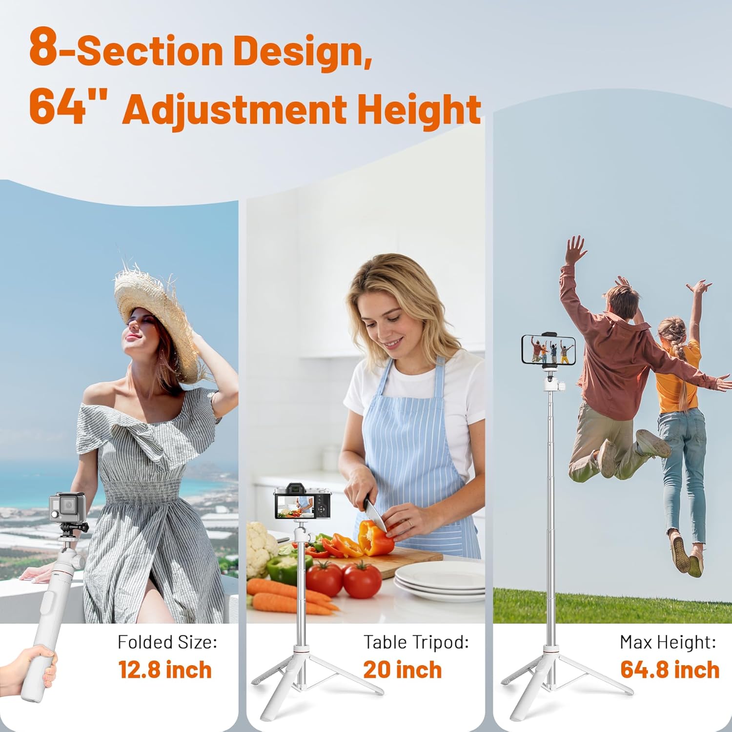 JOILCAN Tripod for iPhone & Camera, 64" Selfie Stick with 360° Ball Head Remote & Phone Holder, Extendable Portable Phone Tripod Stand for Travel Vlog Compatible with Canon Sony DLSR DJI (White)