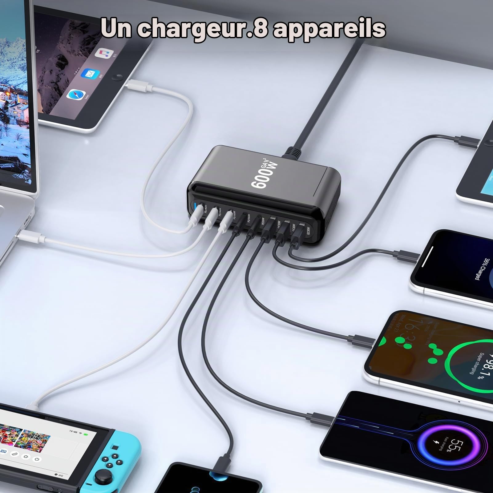 600W USB C Charger 8 Port PD 140W 100W 65W 45W 20W GaN Wall Charger Adapter Plug Fast Charging Station Block for MacBook Pro/Air, iPad, iPhone 17 16 Galaxy S26 Pixel Dell Laptop Type C Phone Android