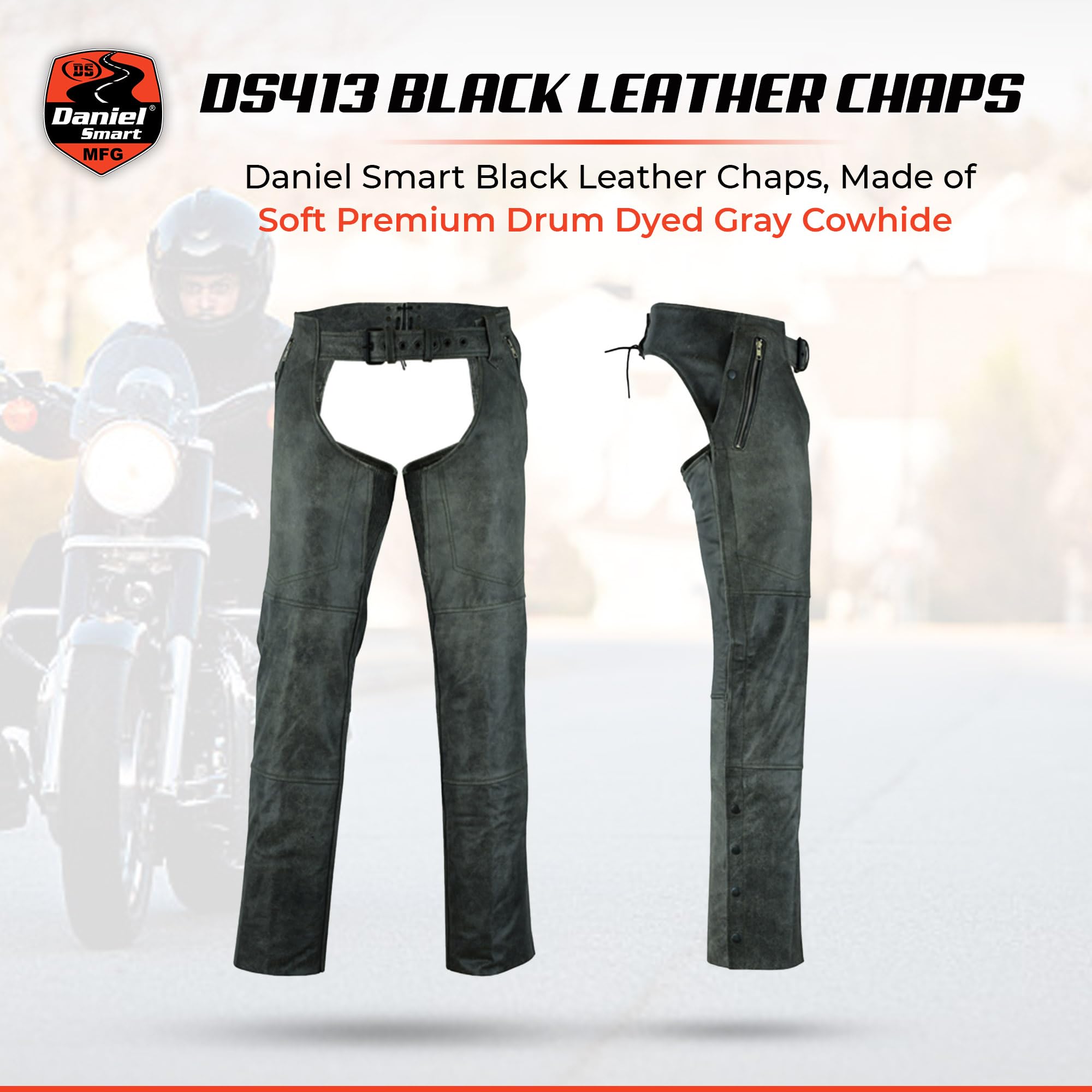 Daniel Smart Motorcycle Leather Chaps – All Season Unisex Biker Pant with Customizable fit and Carry Pockets (Small) Grey