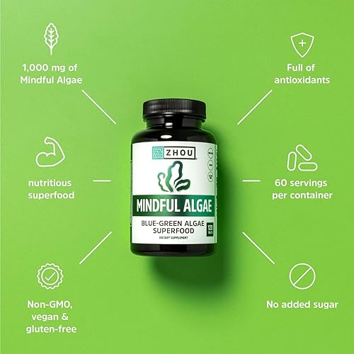 Miniatura 4 de Zhou Mindful Algae - Blue Green Algae Supplement, Superfood Tablets with Natural Chlorophyll, 1000 mg Pure Blue-Green Alg Per Serving - 120 Vegan