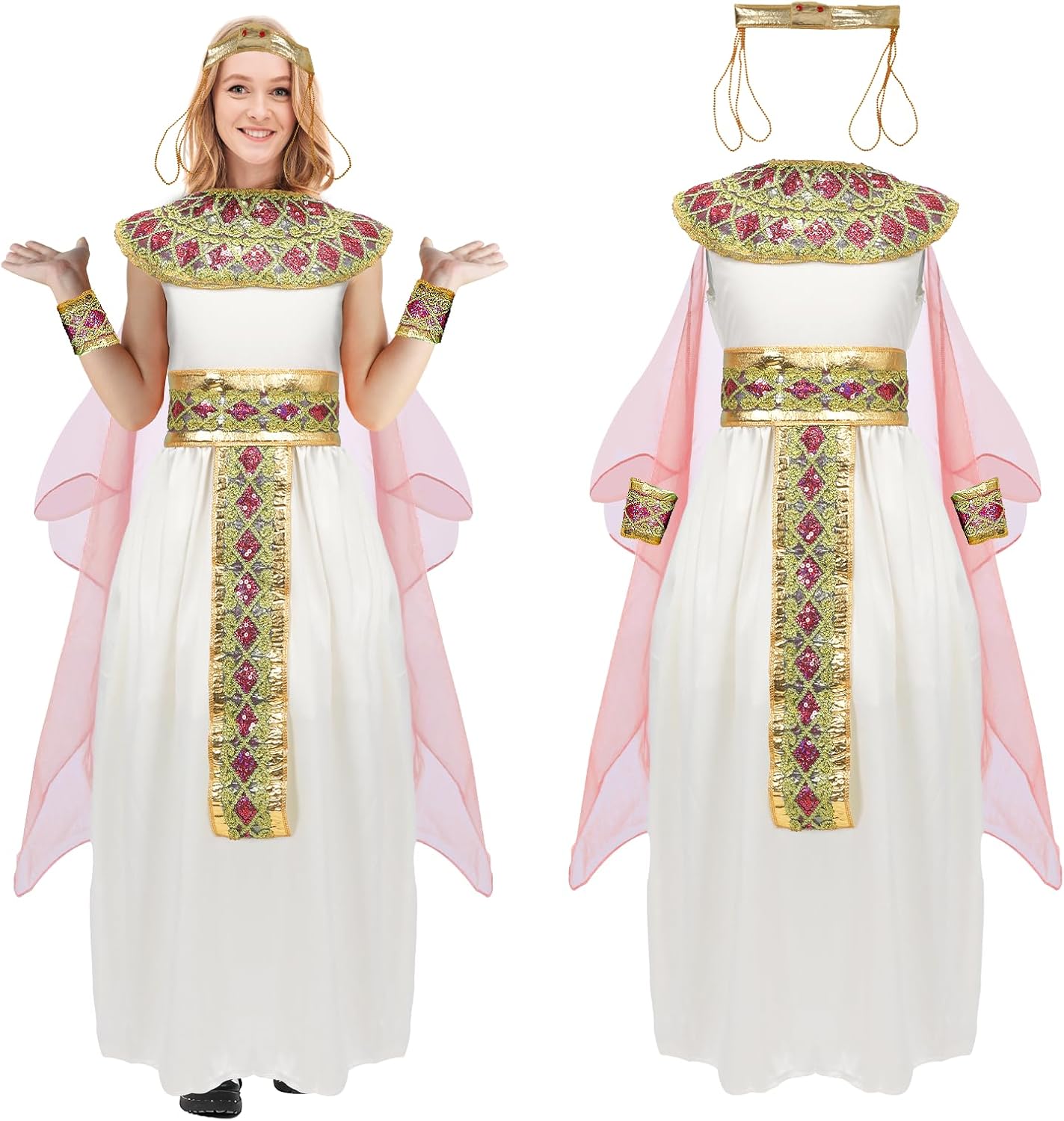 Womens Cleopatra Costume Egyptian Outfits Accessories with Cape Belt Collar Headpiece Halloween Cosplay Prop