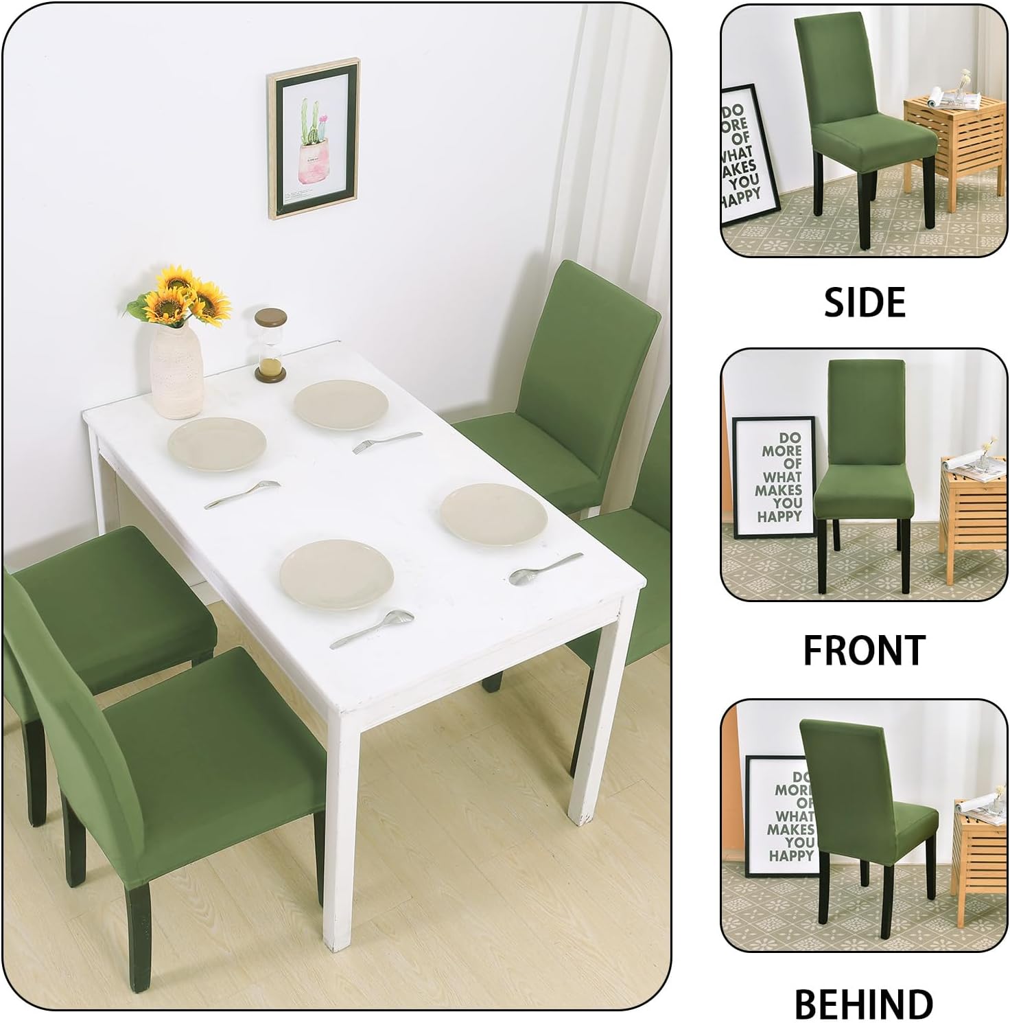 Dining Chair Covers Set of 6, Stretch Spandex Chair Slipcover, Green Chair Slipcovers, Washable Anti-Dust Chair Seat Cover for Kitchen Dining Room, Wedding Party