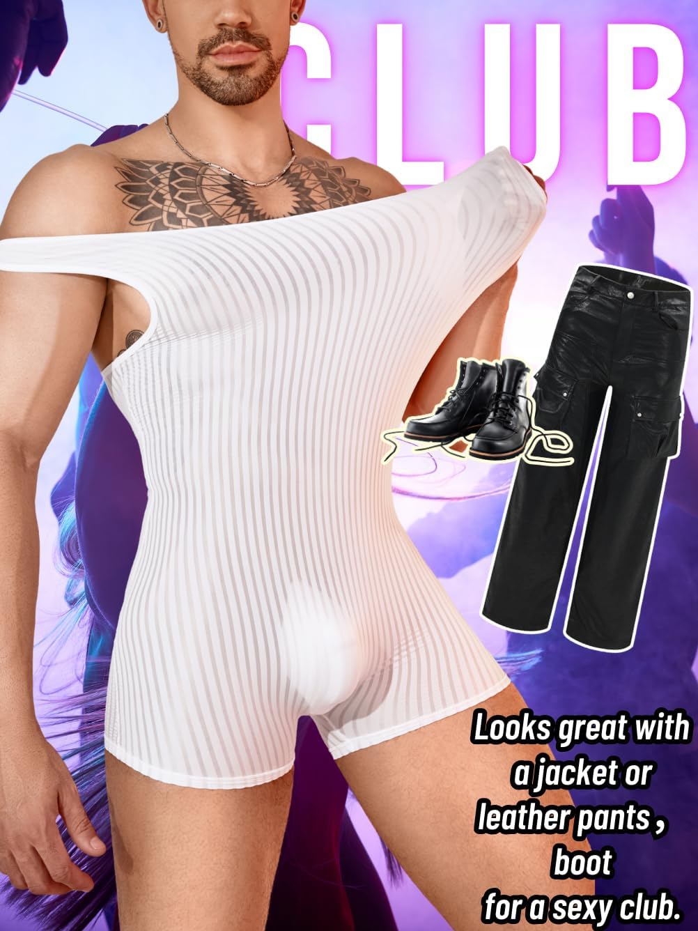 EHSUYAB Men's Sexy Shapewear, Ribbed Sheer Mesh Lingerie Bodysuit, Sissy Clothes Gay Club, Tank Top Muscle Suit Rave Outfits