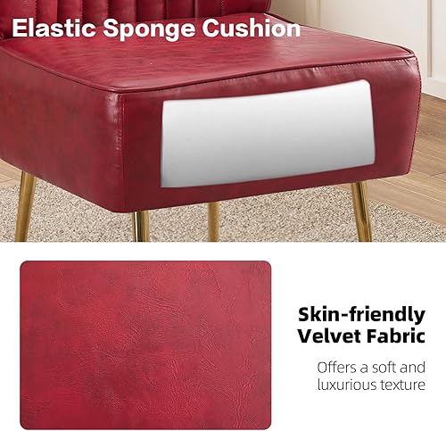 Miniatura 6 de Moderno juego de 3 sillas decorativas de piel sintética, tapizadas, con respaldo de alas sin brazos con patas doradas, cómodo sofá individual, Rojo