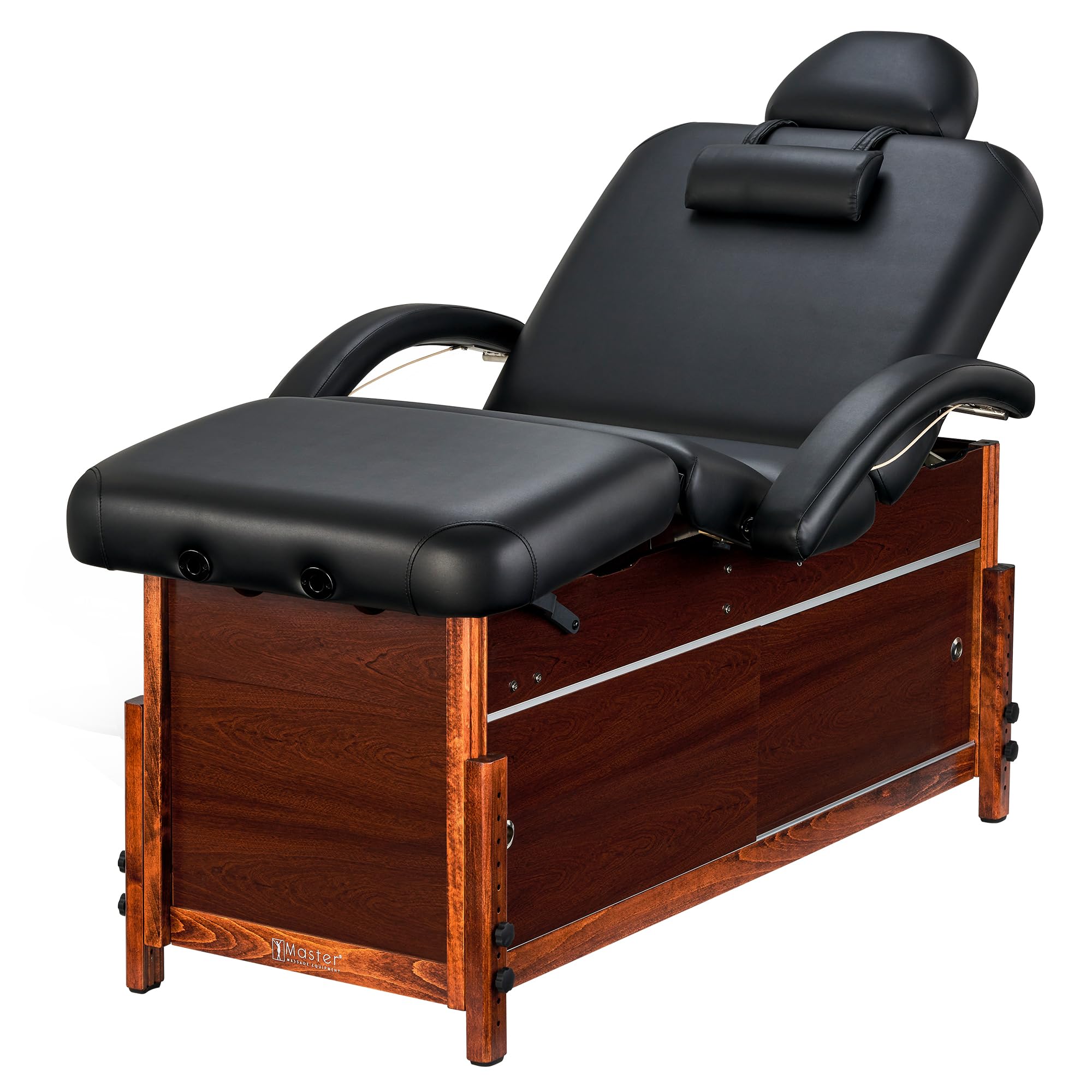 Master Massage Cabrillo Stationary Massage Table- Facial Beauty Lash Bed– 4 Section Salon Spa Bed with Storage Cabinet - Pneumatic Tilting Backrest & Leg Rest, Black with Walnut Legs, 30 Inch
