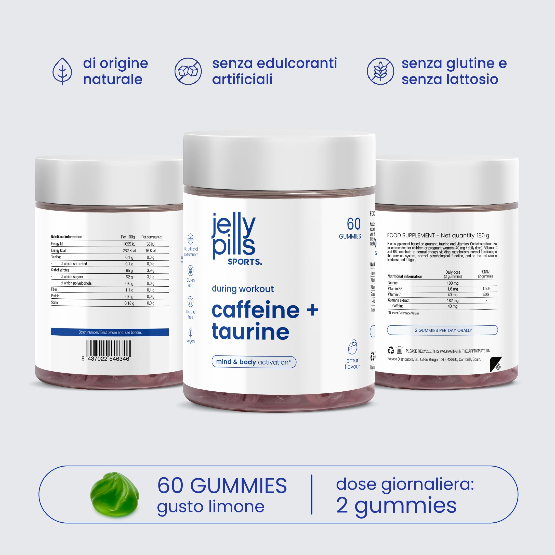 Gummies Caffeina con Taurina e Guaranà - Energia e Focus Mentale - 60 Gummies Vegane - Senza Zuccheri Aggiunti - Gusto Limone Naturale - Performance Sportiva - Jelly Pills Sports - per 1 mese