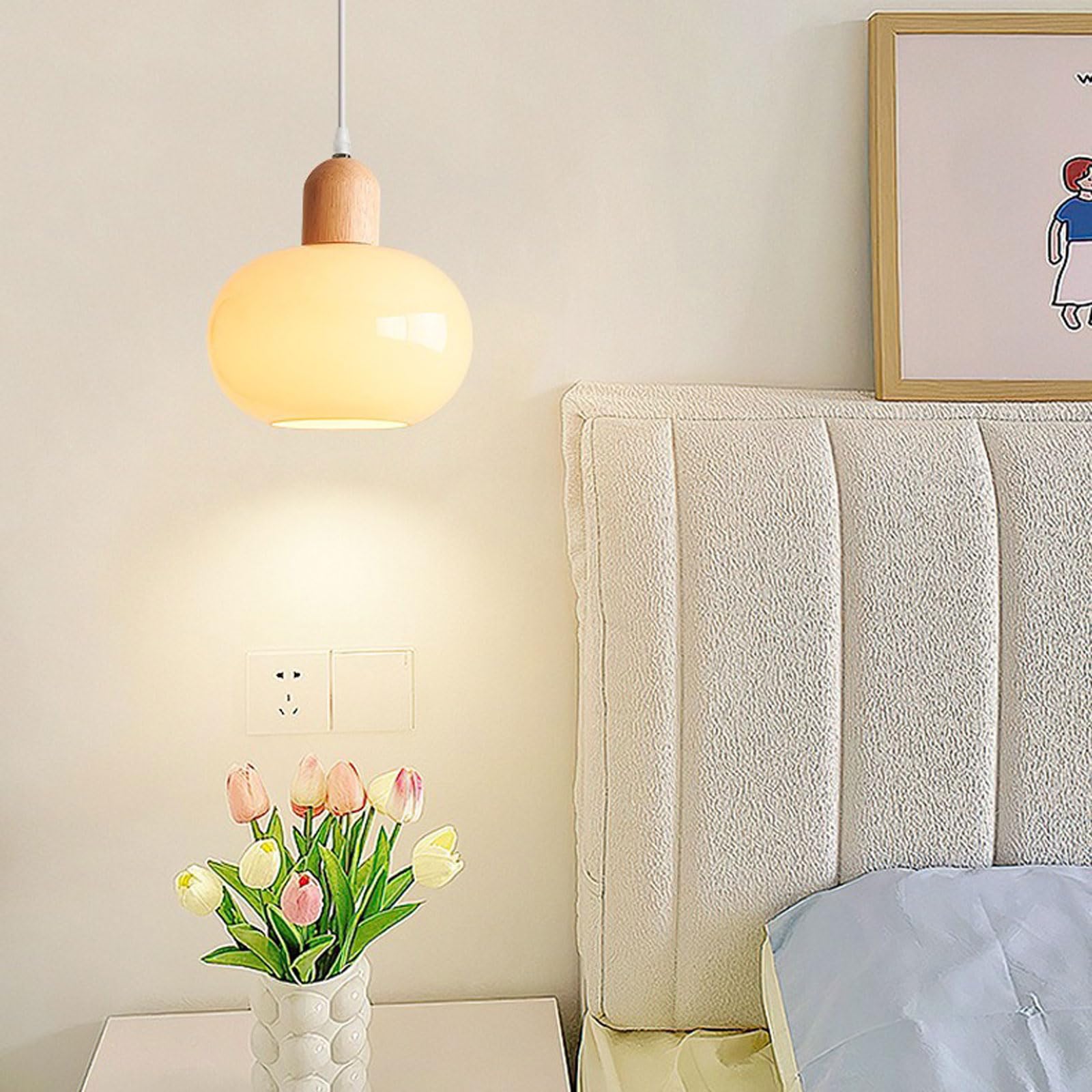 Suspension Luminaire Verre et Bois de Caoutchouc 20cm Style Moderne Scandinave E27 Lampe Suspendue Hauteur Réglable pour Chambre Salon Cuisine (22cm)