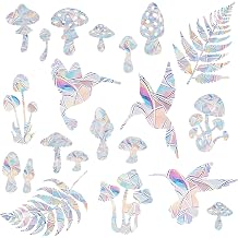 Sun Catcher Window Stickers for Glass Windows, Mushroom Hummingbird Anti-Collision Bird Strike Prevention, Bird Leaves Rainbow Prismatic Decals, Non-Adhesive, Reusable Clings