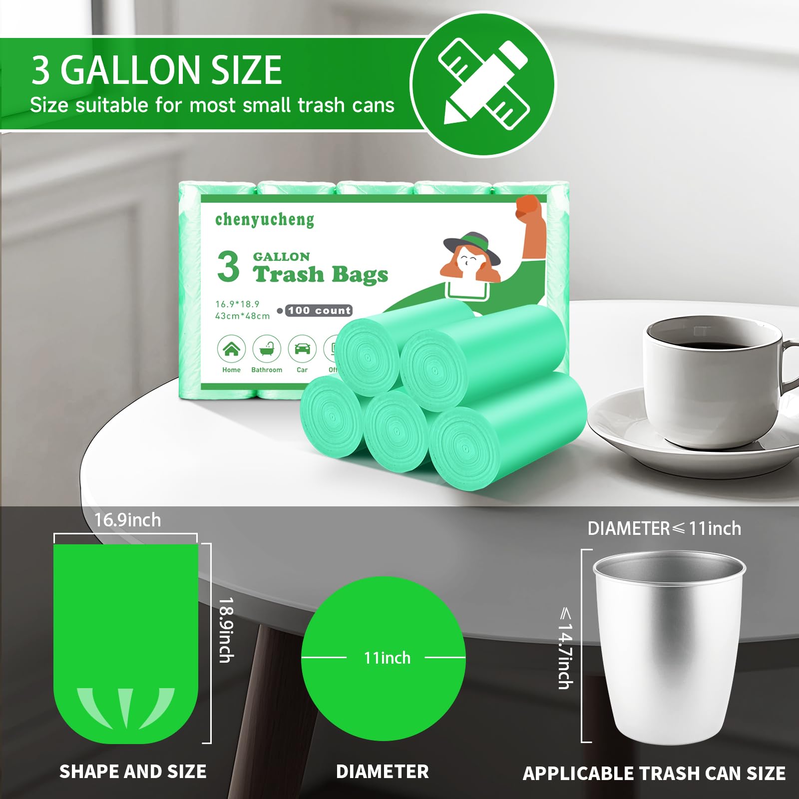 Bolsa de basura pequeña de 3 galones, color verde, mini bolsas de basura biodegradables, para cocina, oficina, coche, sin perfume, 100 unidades, 12 litros, compostables, fuertes y gruesas Chenyucheng