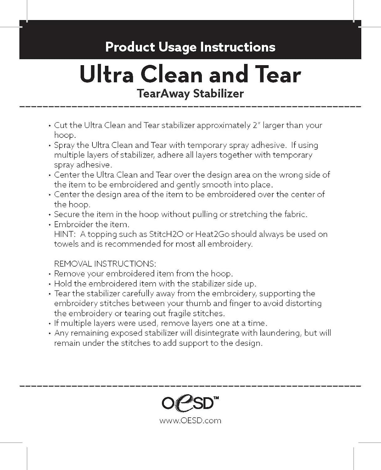OESD Ultra Clean and Tear Embroidery Stabilizer 10" x 10 Yd Roll