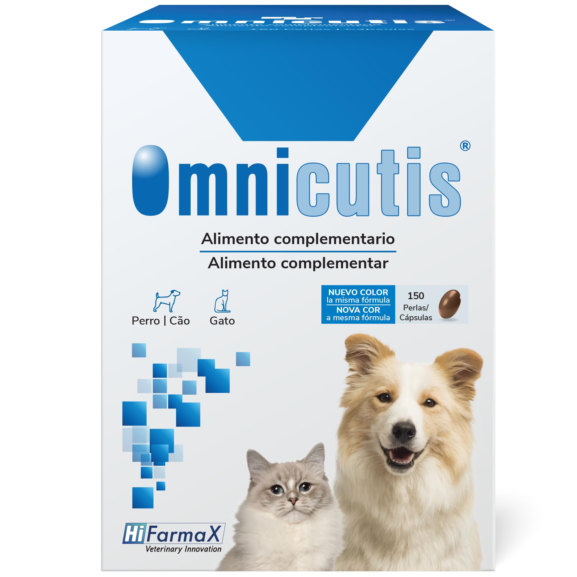 Omnicutis Hifarmax - Suplemento con Vitaminas, Zinc y Omega 3 para Perros y Gatos | Anticaída de Pelo, Alivio de Picor, Cuidado de la Piel y Pelo Brillante | Vitaminas para Perros y Gatos | 150 Perlas
