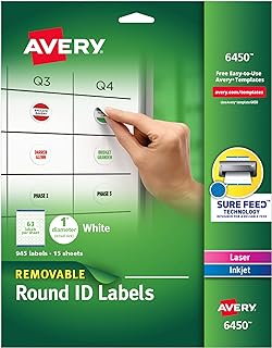 Avery Multiuse Removable 1" Round Labels with Sure Feed, 945 Small White Labels for Organization and Storage (6450)