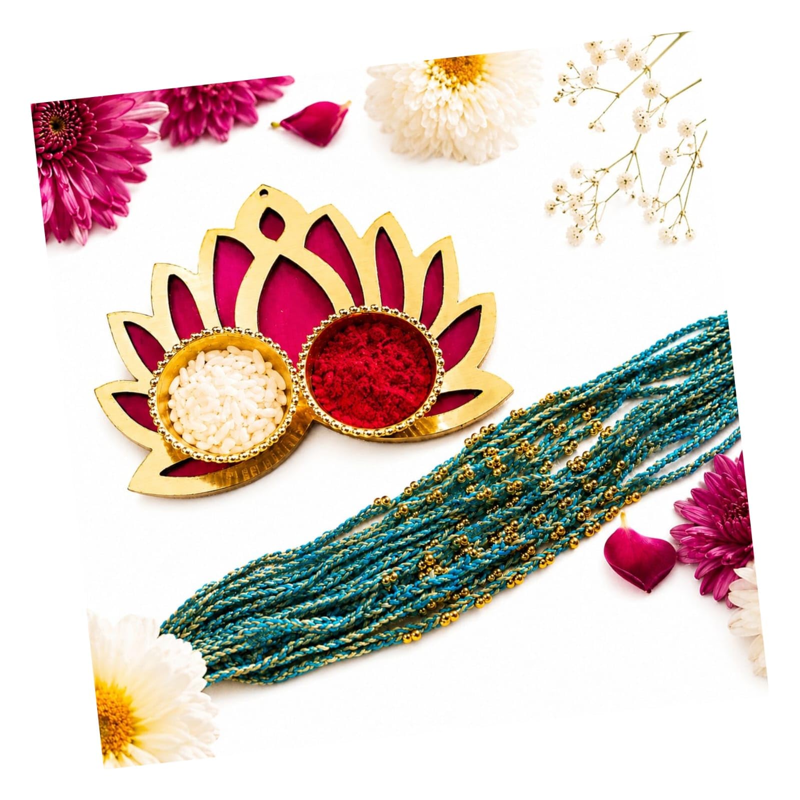 12 Pcs Traditional Blue Rakhi for Bhaiya with Wooden Lotus Plate and Roli Chawal Pack, Elegant Red and Yellow Moli Thread Rakshabandhan Bracelet Combo for Brother-image-16