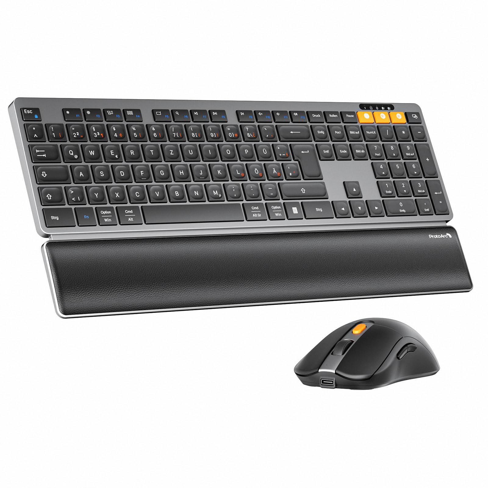 ProtoArc Kabellos Tastatur Maus Set, KM60 Full-Size Bluetooth Tastatur und Maus mit Handballenauflage, Wiederaufladbar, QWERTZ Deutsch, 2.4G + Dual Bluetooth - Space Grau