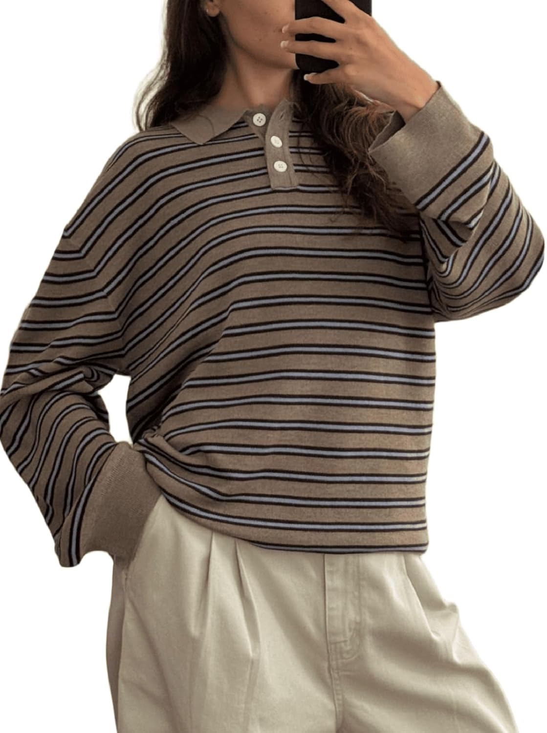 Women Y2k Rugby Polo Shirt Striped Knit Sweater Long Sleeve Collared V Neck Sweatshirt Oversized Pullover Tops