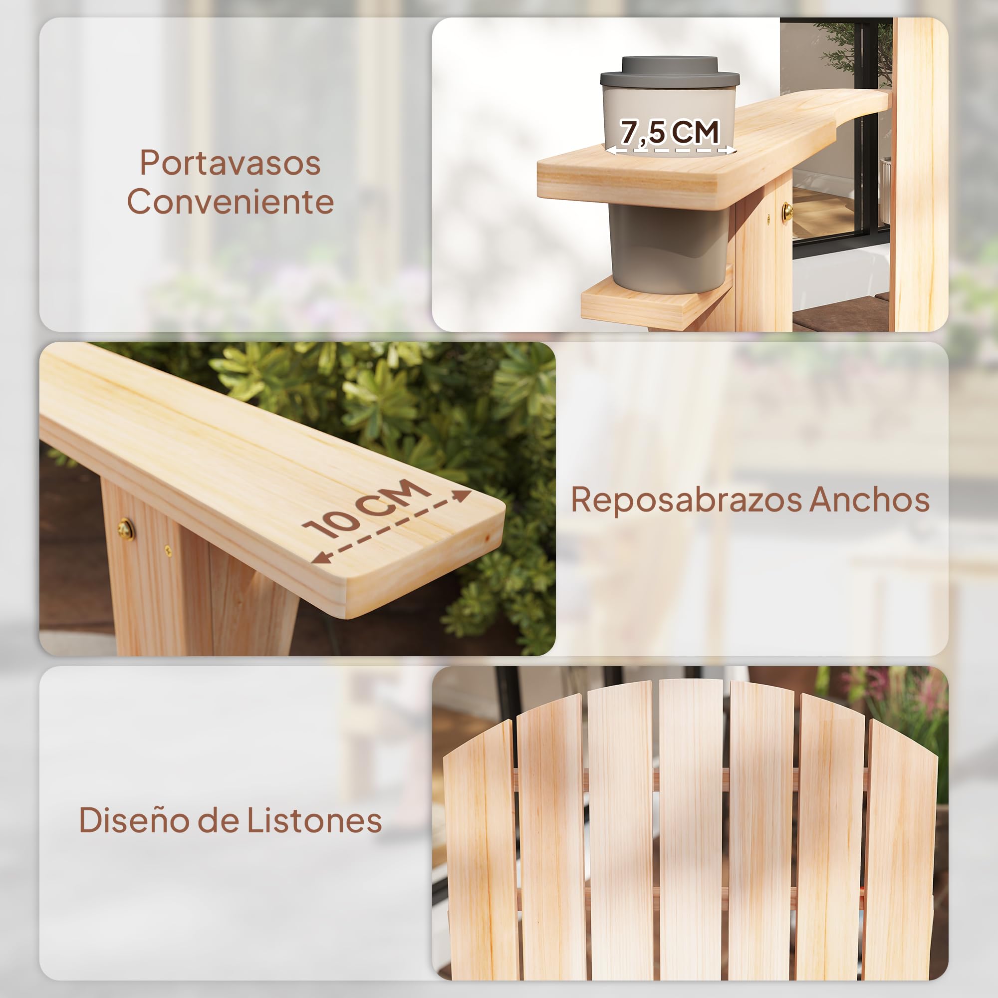Outsunny Silla Adirondack de Madera Silla de Jardín con Reposabrazos y Respaldo Alto para Terraza Balcón Exterior 72x95x93 cm Natural
