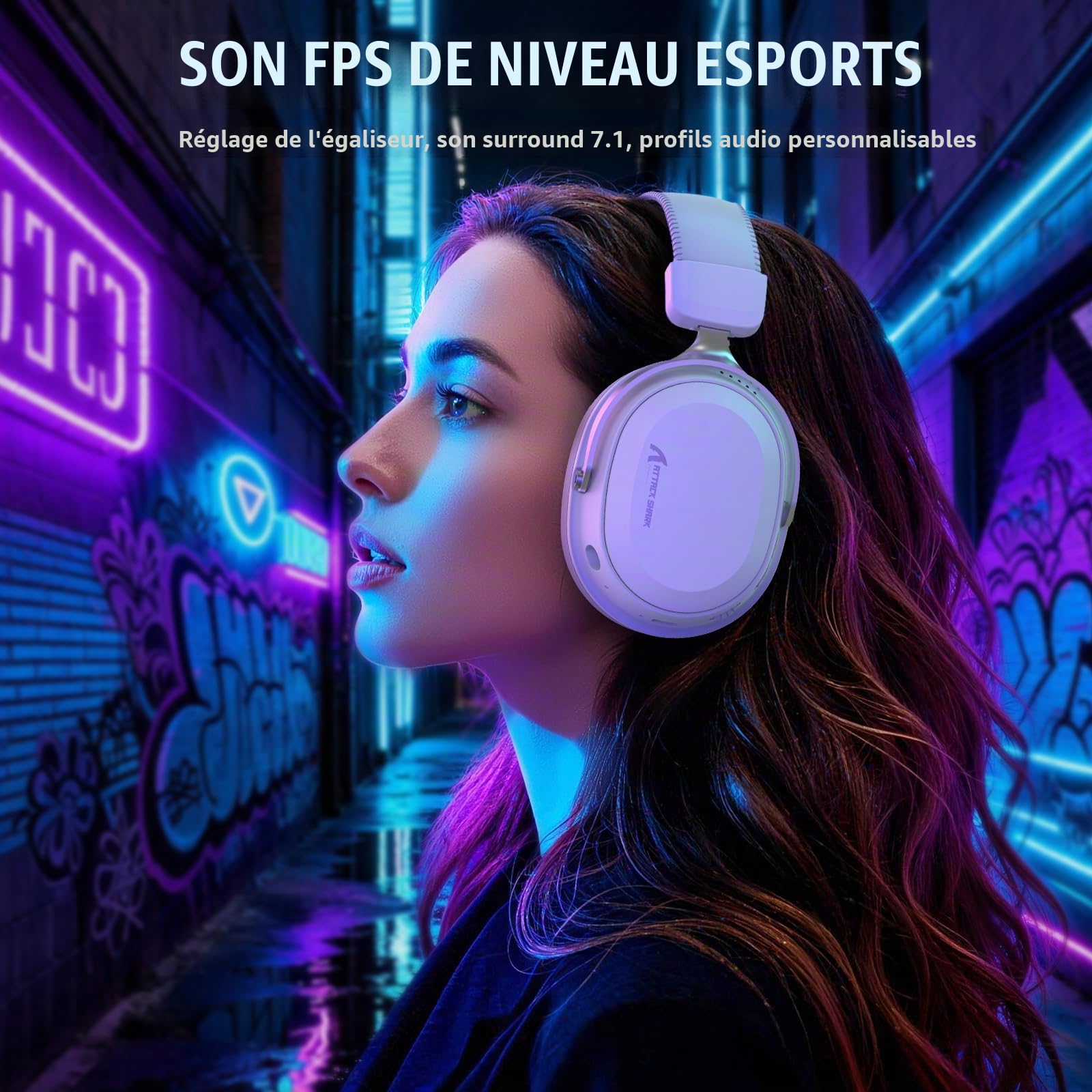ATTACK SHARK L30PRO Casque Gaming sans Fil, Son Surround 7.1, Modes EQ, Haut Parleurs 50 mm, Connectivité Triple, Batterie 1100 mAh, Over Ear avec Microphone Amovible pour PC - Blanc
