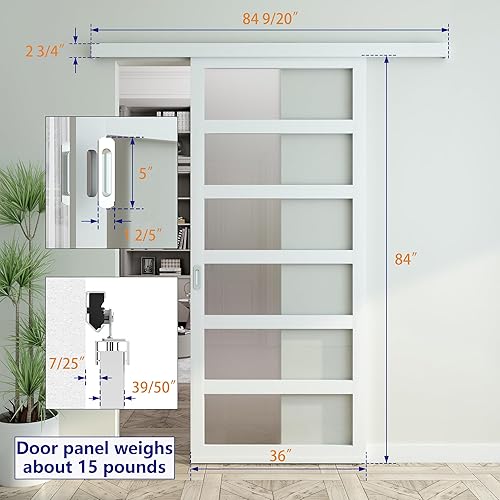 Miniatura 4 de JUBEST Puerta corrediza de granero de PVC blanco de 36 x 84 pulgadas con kit de herrajes y tirador, puerta de granero de plástico ligero