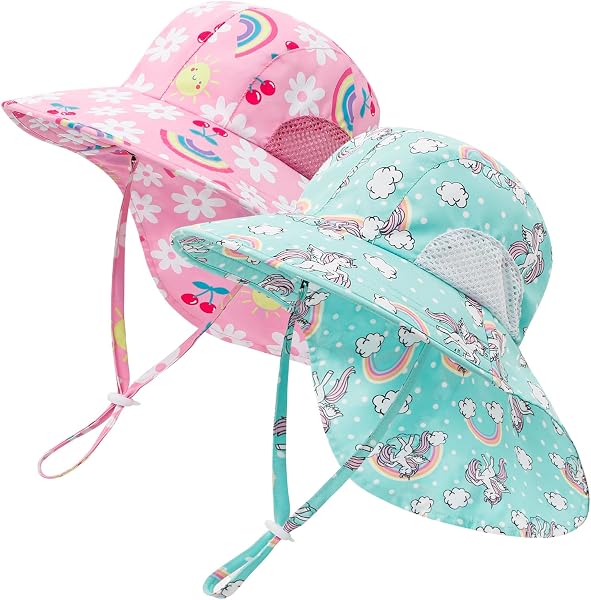 MASOCIO 2 Pcs Baby Sun Hat Toddler Summer Hats Neck Cover with Adjustable Head Drawstring and Chin Strap for Kids 6 Months-6 Years - 1