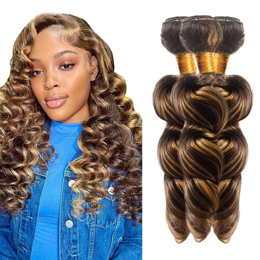 P4/27 Highlight Blonde Bundles Human Hair Loose Wave Bundles 24 24 24 Inch Human Hair Weave 3 Bundle Unprocessed Brazilian Virgin Hair Brown Loose Deep Wave Human Hair Extensions 50 Grams/Bundle