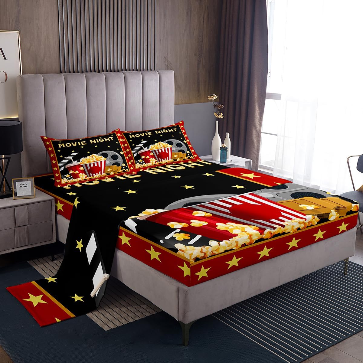 Movie Theater Sheet Set Queen Size,Film Filmstrip Popcorn Bedding Set 4Pcs for Kids Teens Adult Room Decor Vintage Hippie Style Cinema Bed Sheet Gold Stars Red Fitted + Flat Sheet,2 Pillowcases